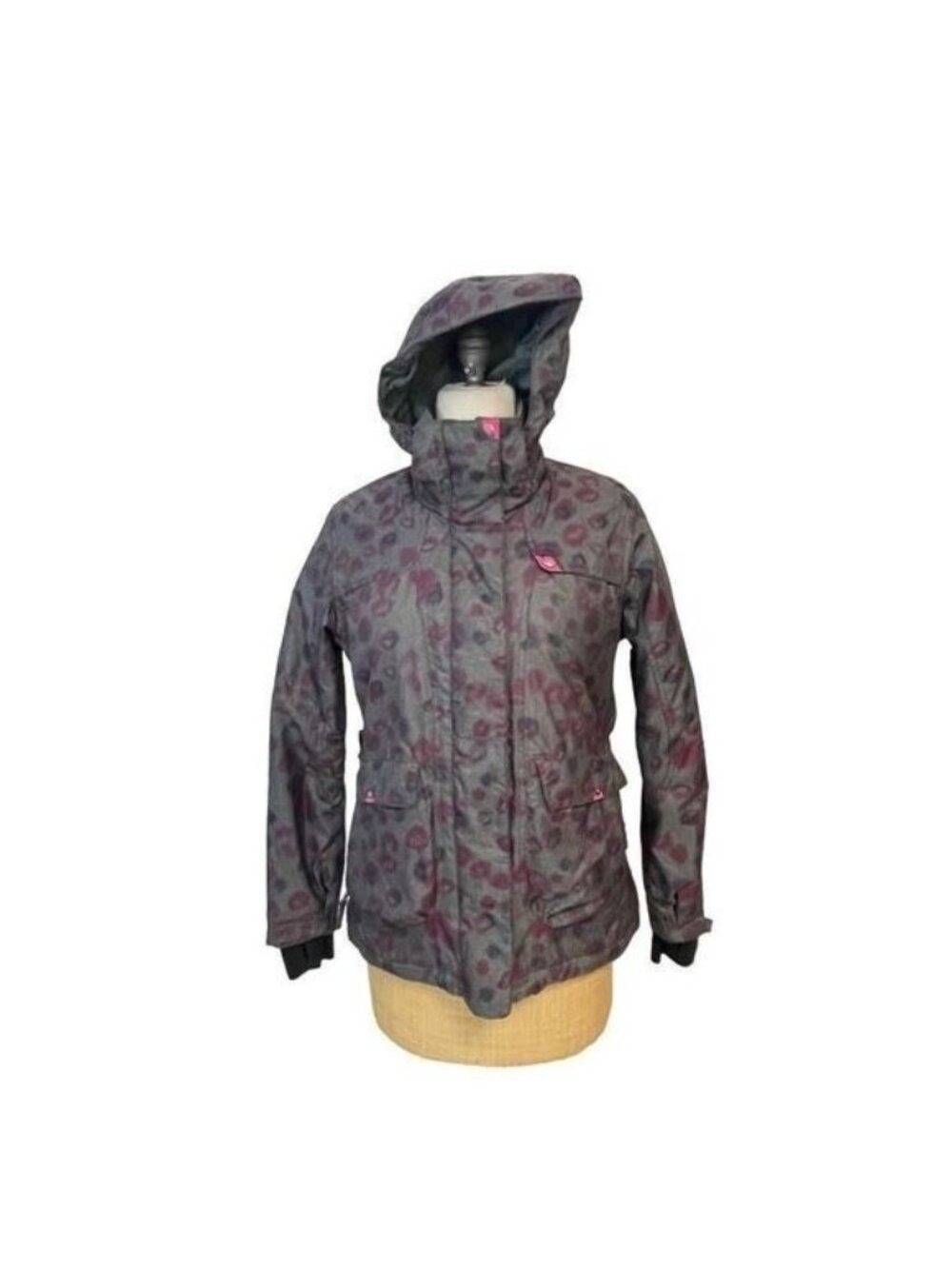 Powder Room Core Gray Red animal Print Hooded Ski Snowboard Jacket Small